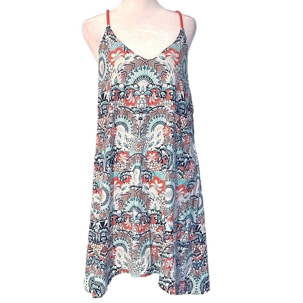 HELEN JON women's nylon geo print dress swim coverup floral resort lightweight L